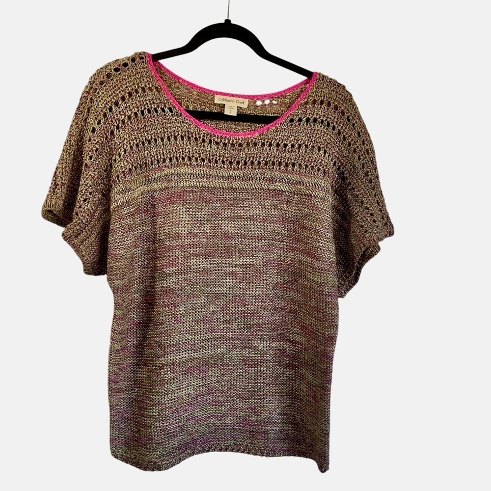 Coldwater Creek Crochet Knit Shortsleeve Sweater Linen Cotton‎ Oversized Small
